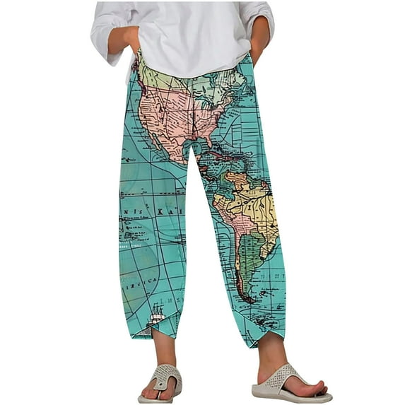 Brnmxoke Womens Casual Capri Pants Elastic Waist World Map Printed Summer Lounge Baggy Trousers Wide Leg Cropped Pants with Pockets Multicolor,XXXXXL