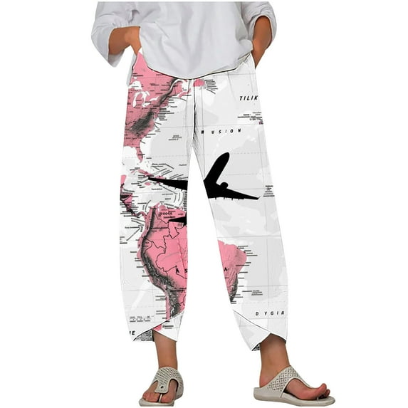 Brnmxoke Womens Casual Pants Summer High Waisted Baggy Pants Casual Plus Size Capri Pants Elastic Waist Cropped Pants Trouser Slacks with Pockets Multicolor,XL