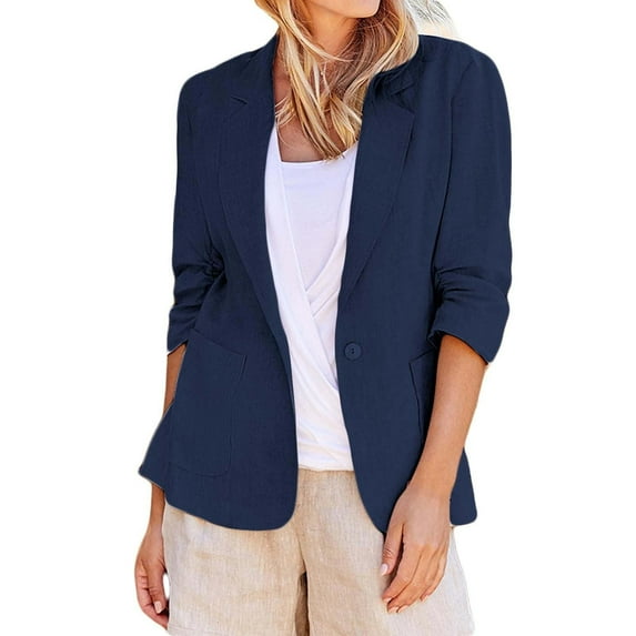 Brnmxoke Womens Casual Plus Size Blazer Jacket Solid Color 3/4 Sleeve Open Front Work Office Blazer Lapel Button Jacket with Pockets