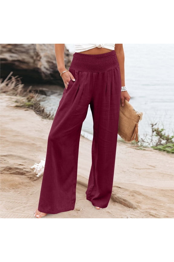 Womens Casual Wide Leg Pants Elastic High Waisted Straight Long Trousers Solid Color Cotton Linen Loose Comfy Palazzo Pants