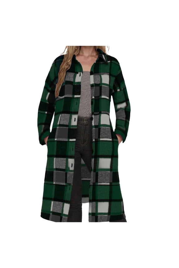 Womens Casual Winter Jacket Button Lapel Plaid Long Flannel Shirts Long Sleeve Shaket Warm Trench Coat Army Green,M