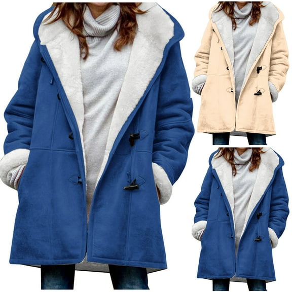 Brnmxoke Womens Coats 2024 Fleece Sherpa Lined Hooded Coat Winter Thicken Warm Jacket with Horn Buttons Blue,L
