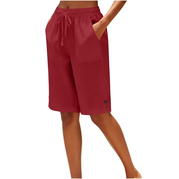 Brnmxoke Womens Cotton Bermuda Shorts Dressy Casual Linen Long Shorts Knee Length Drawstring High Waisted Comfy Summer Shorts with Pockets Red,M