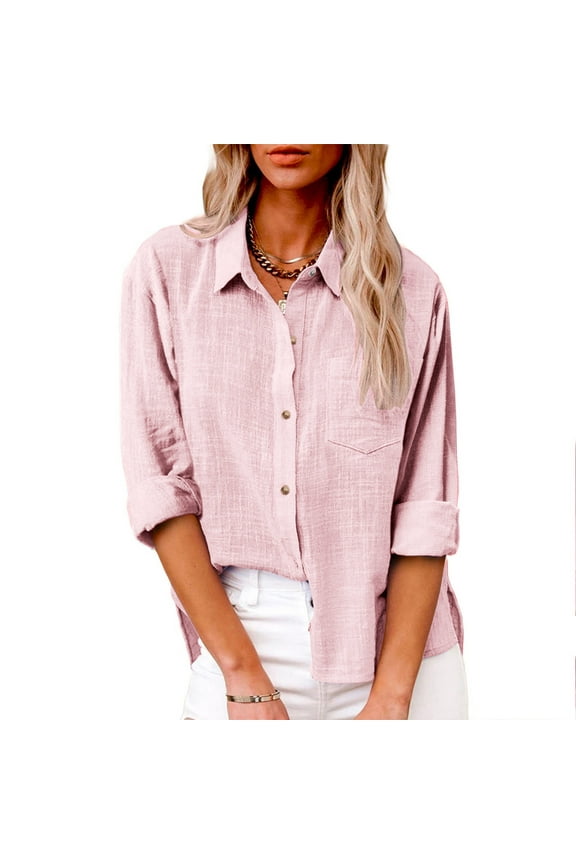 Womens Cotton Button Down Shacket Oversized Casual Long Sleeve Shirt Loose Fit Collared Linen Work Blouse Tops with Pocket