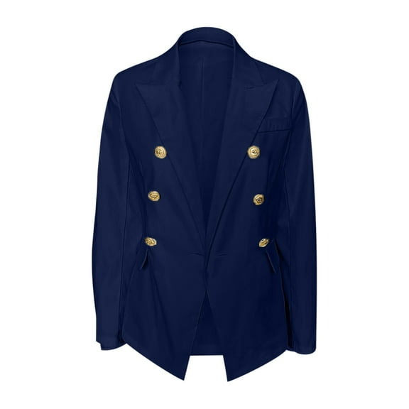 Brnmxoke Womens Double Breasted Jackets Long Sleeve Blazer Lapel Open Front Jacket Solid Color Work Office Coats with Pockets Navy,L
