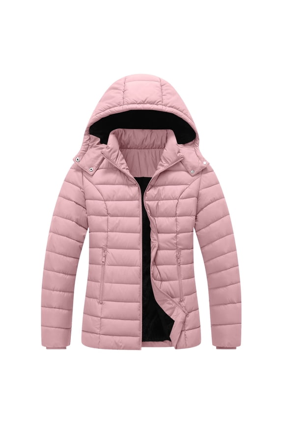 Womens Down Puffer Jacket with Hood Full Zip Quilted Lightweigh Packable Down Jackets Winter Warm Thickened Long Sleeve Down Coats Pink,S