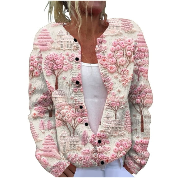 Brnmxoke Womens Fair Isle Sweater Cardigans Casual Long Sleeve Plus Size Knit Spring Summer Floral Printed Button Down Cardigan Sweaters Pink,XL