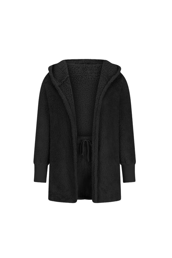 Womens Fleece Pajama Set Sherpa Winter 3 Piece Crop Top Shorts Loungewear Sets Slouchy Plus Size Sleep Outfit Black,L