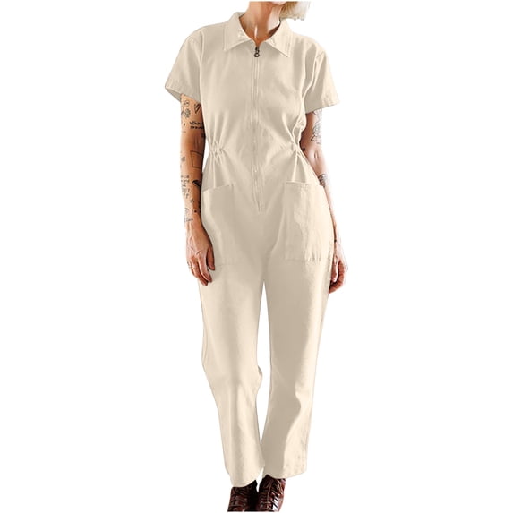 Brnmxoke Womens Front Zipper Linen Jumpsuits Summer Casual Short Sleeve Pleated Waist Jumpsuit Loose Dressy Romper Wide Leg Jumpsuit with Pockets