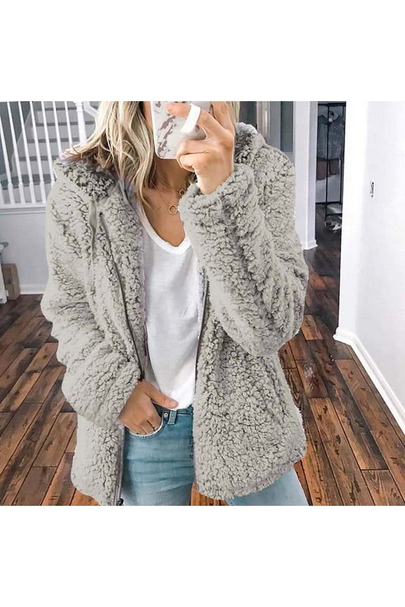 Womens Fuzzy Fleece Jacket Full Zipper Oversized Casual Sherpa Coats Winter Warm Shaggy Teddy Outwear with Pockets