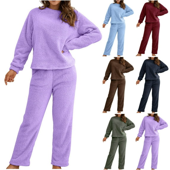 Brnmxoke Women's 2 Piece Lounge Sets 2024 Winter Warm Long Sleeve Crew Neck Pullover Tops and Pants Fuzzy Pajamas Matching SetPurple,XL