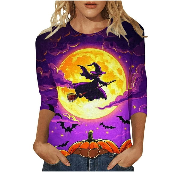 Brnmxoke Womens Halloween Shirts Fall 3/4 Sleeve Round Neck Shirt Vintage Witch Hocus Focus Graphic Tee Funny Holiday Tops Multicolor,S