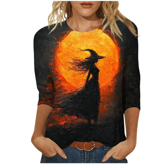 Brnmxoke Womens Halloween Tunic Fall 3/4 Sleeve Round Neck Shirt Vintage Witch Hocus Focus Graphic Tee Funny Holiday Tops Red,L