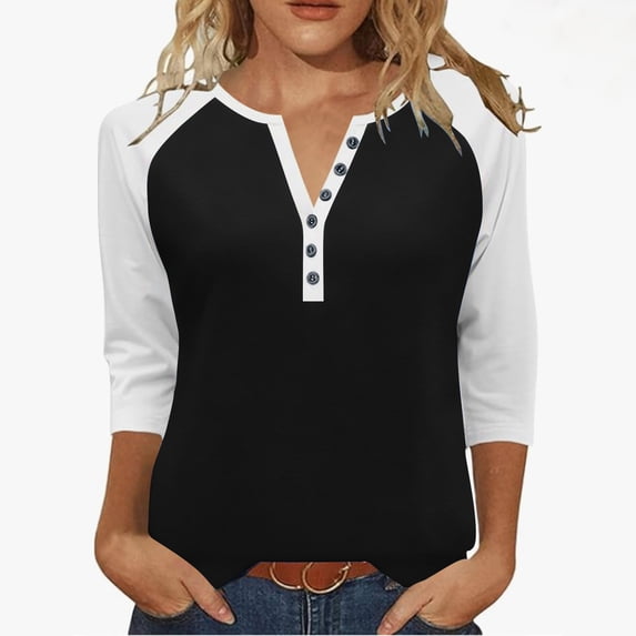 Brnmxoke Womens Henley Tops 3/4 Sleeve Baseball Jersey Shirts Button V Neck Color Block Raglan Tshirt Cotton Casual Tees White XL