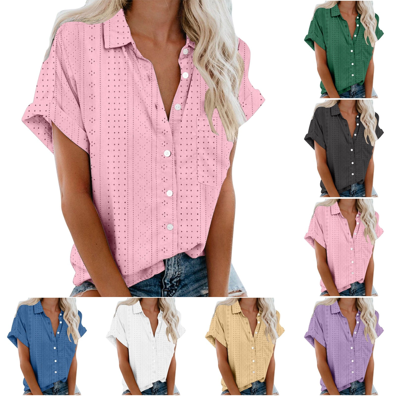 Brnmxoke Womens Hollow Out Casual Short Sleeve Button Down Shirts ...