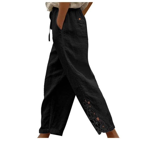 Brnmxoke Womens Linen Pants High Waisted Dressy Casual Summer Drawstring Elastic Waist Trousers with Pockets Lightweight Loose Fit Wide Leg Pant Black,XL