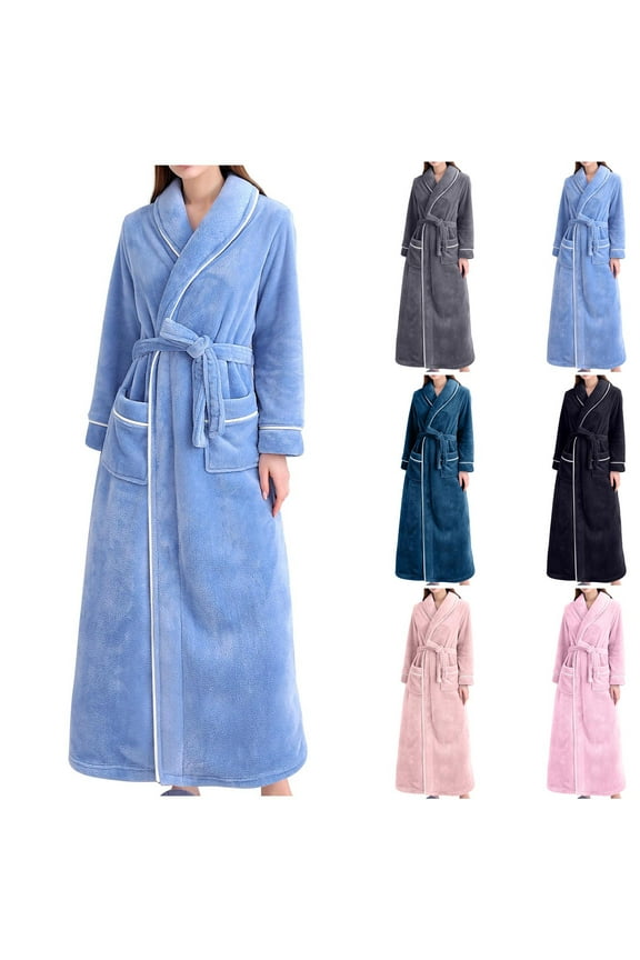 Womens Long Fleece Robe Warm Soft Floor Length Flannel Bathrobes for Winter Thicker Long House Coat with Pockets Dressing Gown