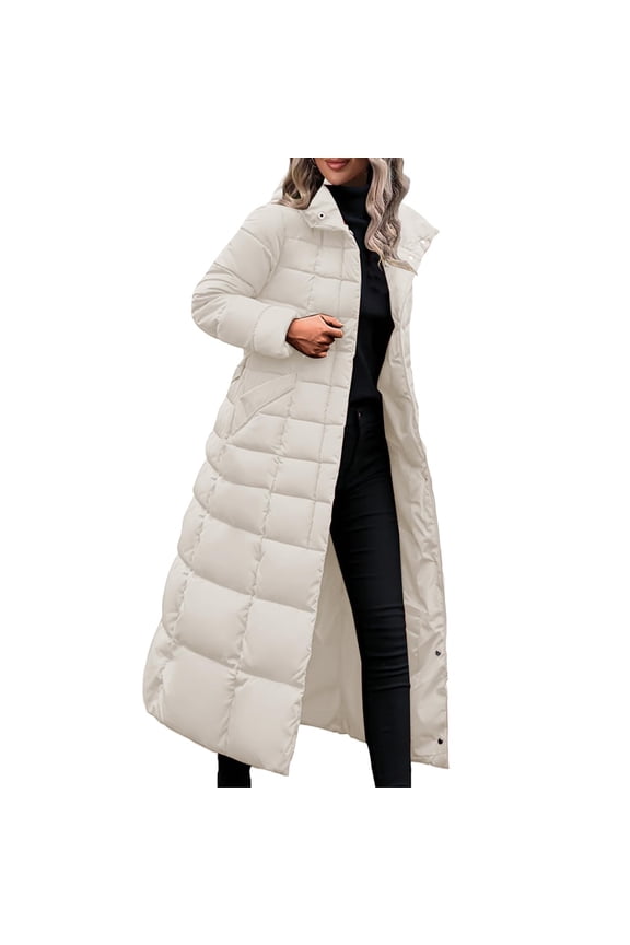 Womens Long Puffer Coat with Hood - Quilted Waterproof Insulated Down Jackets Winter Warm Button Down Maxi Length Parka Coats White,XL