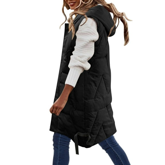 Brnmxoke Womens Long Puffer Vest Sleeveless Hooded Quilted Fleece Puffy Vests Winter Warm Padded Gilet Full Zip Jacket Down Coats with Pockets
