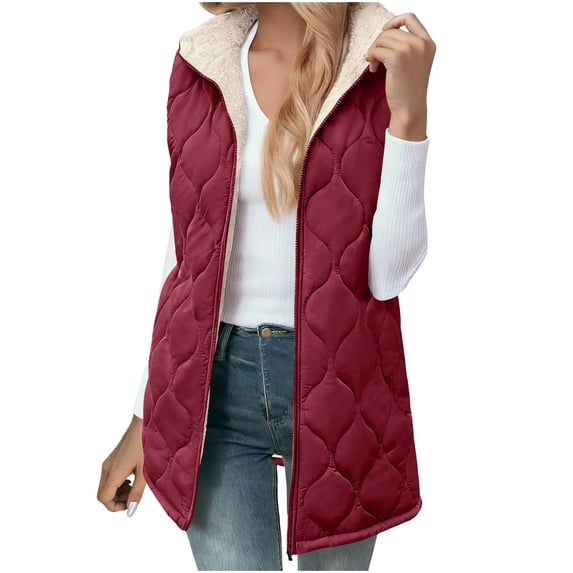 Brnmxoke Womens Long Puffer Vest Zip Up Sleeveless Reversible Fleece Vests Hooded Pockets Warm Winter Outwear Down Jackets Red,XXL