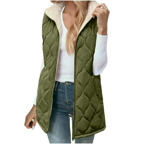 Brnmxoke Womens Long Puffy Vest Zip Up Sleeveless Reversible Fleece Vests Hooded Pockets Warm Winter Outwear Down Jackets Green,L