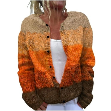 Brnmxoke Womens Long Sleeve Fair Isle Cardigan Sweaters Casual Loose Plus Size Knit Spring Summer Striped Printed Button Down Sweater Fall Cardigans Coat Orange,XXXL