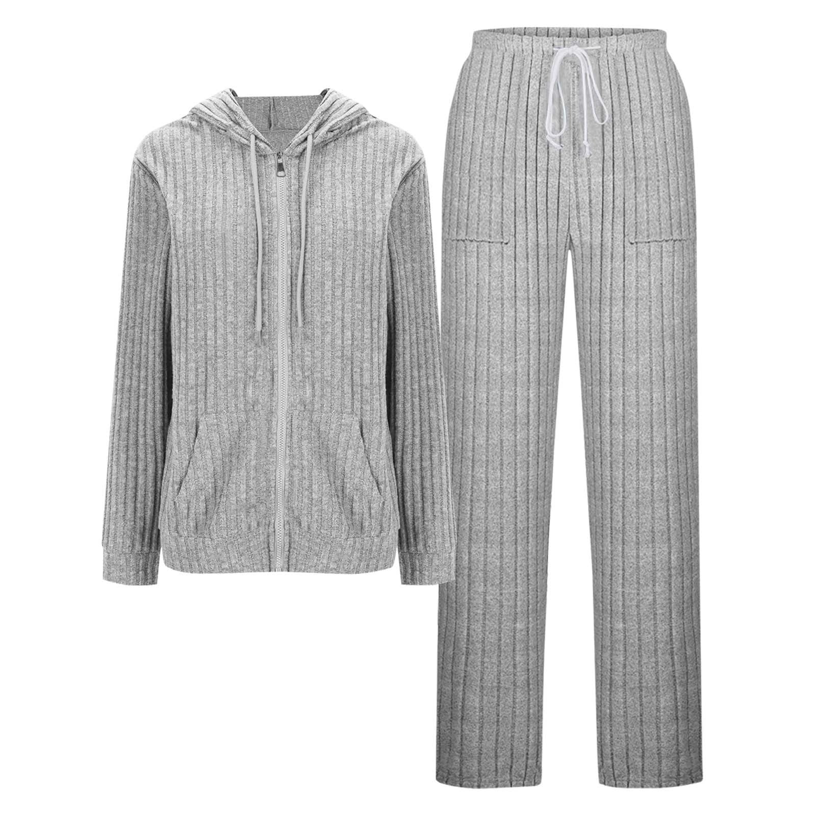 Brnmxoke Womens Lounge Sets Petite Ribbed Knit Zip Up Hooded Top Sweat ...