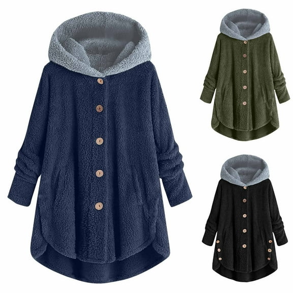 Brnmxoke Womens Oversized Fleece Jackets Color Block Sherpa Fuzzy Pockets Jacket Button Down Plush Top Hooded Cardigan Cozy Wool Warm Sweater Coat with Hood Army Green,S