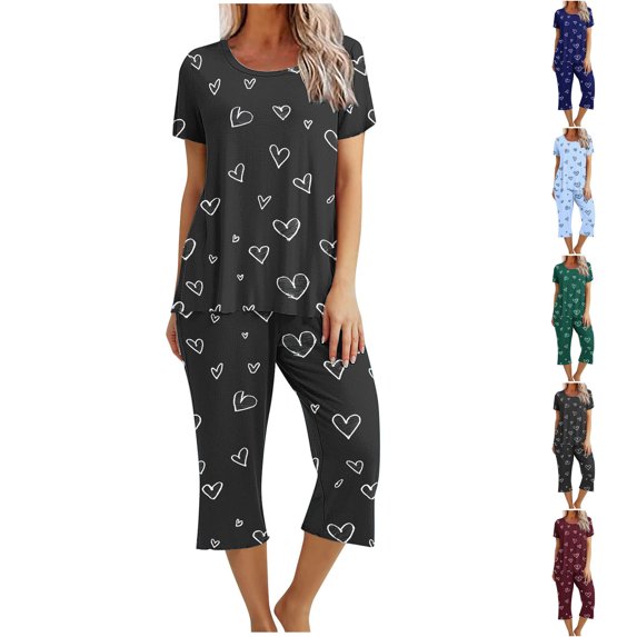 Brnmxoke Womens Pajama Sets Soft Cotton 2 Piece Lounge Summer Short Sleeve Sleepwear Pjs Tops Capri Pants Set with Pockets Blue,S
