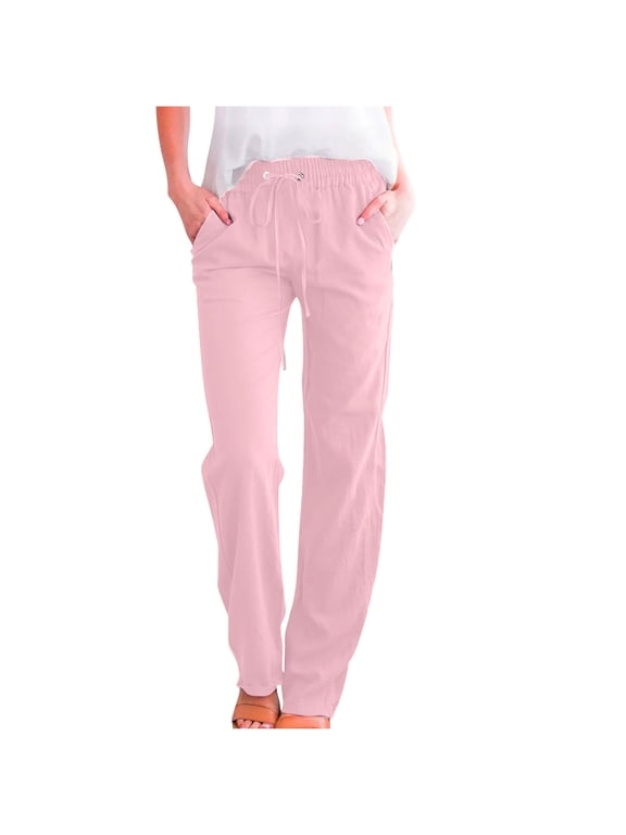 Womens Pants Straight Leg Casual Linen High Waist Pants Drawstring Loose Fit Summer Pants Lounge Trousers with Side Pockets 2025 Pink,M