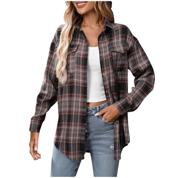 Brnmxoke Womens Plaid Flannel Shirt Flannel Button Down Cuffed Shacket Blouses Collared Business Casual Work Long Sleeve Fall Tops with Pockets Khaki,XXL