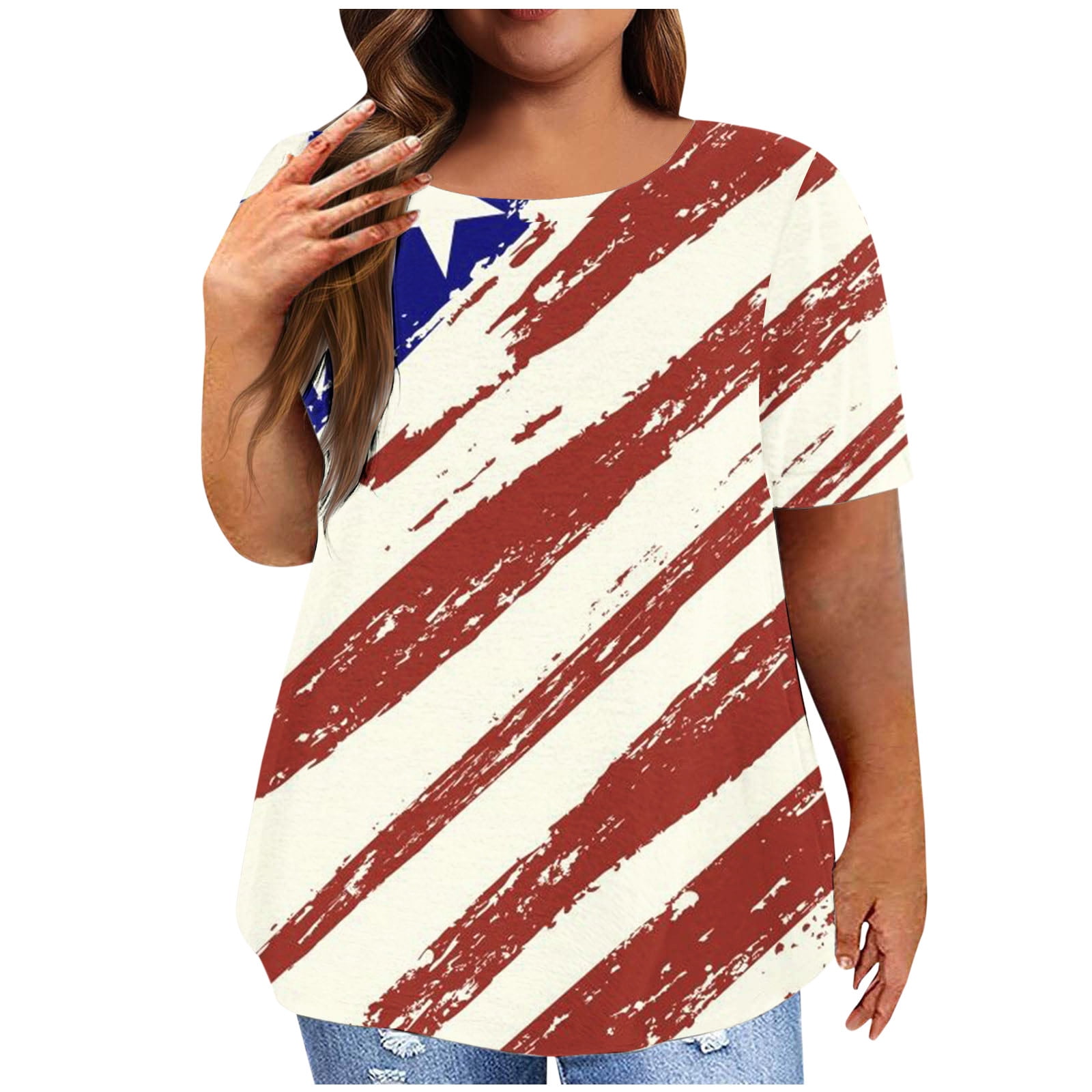 Brnmxoke Womens Plus Size American Flag T Shirts,Women Patriotic T