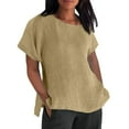 thumbnail image 1 of Brnmxoke Womens Plus Size Cotton Linen Shirts Short Sleeve Crewneck Blouses Solid Color Baggy Loose Casual Breathable Summer Tee Shirt Khaki,XXXL, 1 of 6