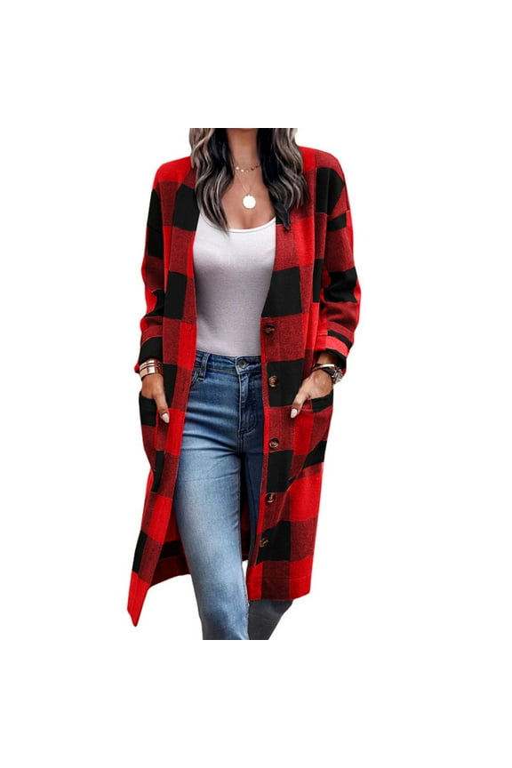 Womens Plus Size Flannel Plaid Shacket Shirts Long Sleeve Lounge Lapel Boyfriend Button Down Tartan Long Jacket Coats with Pockets
