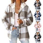 Brnmxoke Womens Plus Size Fuzzy Fleece Jacket Long Sleeve Button Down Plaid Hooded Sherpa Fleece Jackets Outerwear Warm Coats
