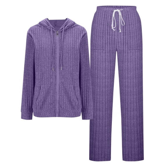 Brnmxoke Womens Plus Size Loungewear Sets Ribbed Knit Zip Up Hooded Top Sweat Suits 2 Piece Matching Wide Leg Pants Outfits Purple,L