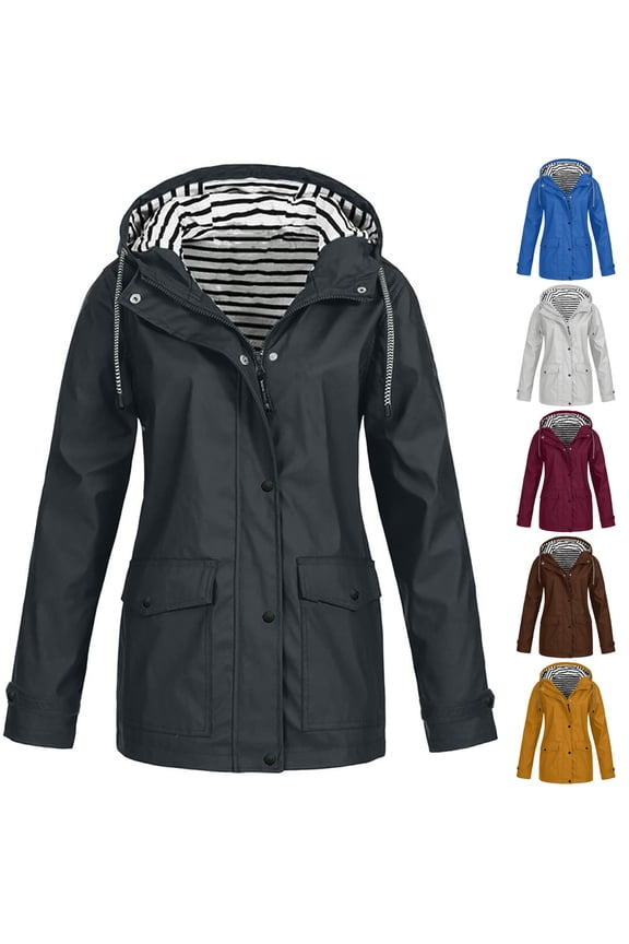 Womens Plus Size Rain Coat Waterproof Active Outdoor Rain Jacket Lightweight Zip Up Fall Winter Raincoat Windbreaker with Hood