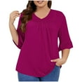 thumbnail image 1 of Brnmxoke Womens Plus Size Tops 3/4 Ruffle Sleeve Shirts Fall Basic Crewneck Pleated Blouses Dressy Casual Elegant Work Tunic Top Hot Pink,XXXXXL, 1 of 5