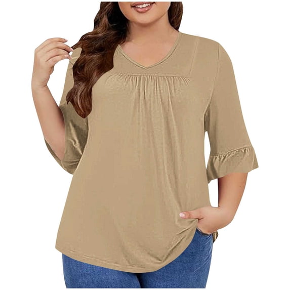 Brnmxoke Womens Plus Size Tops 3/4 Ruffle Sleeve Shirts Fall Basic Crewneck Pleated Blouses Dressy Casual Elegant Work Tunic Top Khaki,XXL