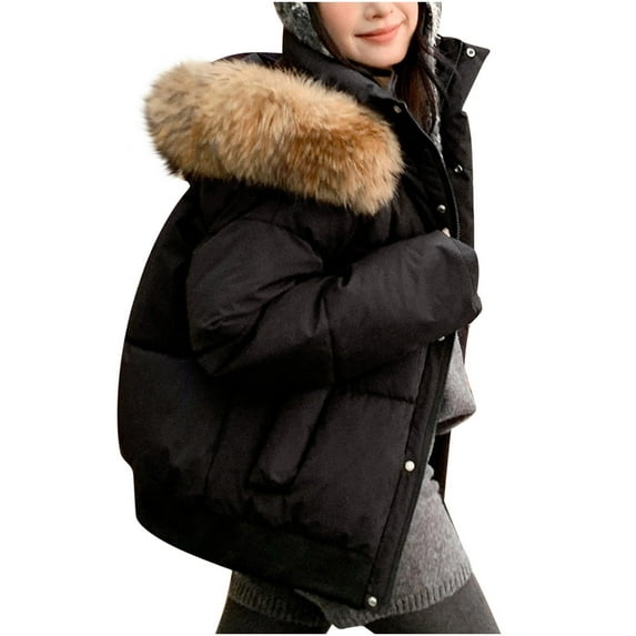 Brnmxoke Womens Puffer Coat Full Zip Thicken Stand Collar Waterproof Winter Jackets with Pockets Faux Fur Trim Hooded Long Sleeve Outwear Coat Black,M