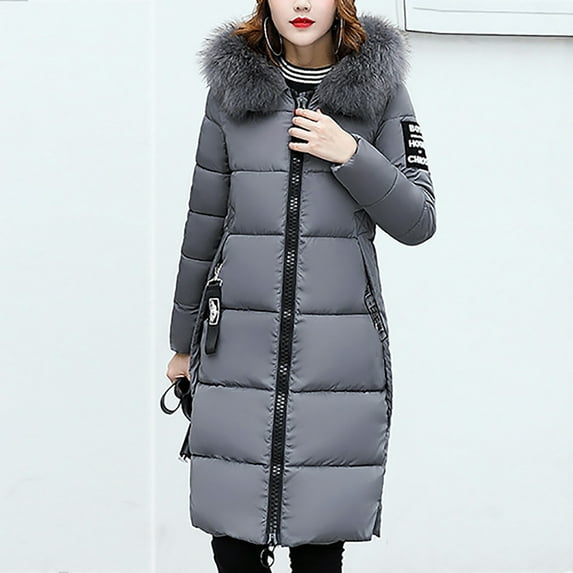 Brnmxoke Womens Puffer Jackets Long Warm Winter Coats Plush Plus Size Parka Coats Full Zip Thicken Padded Outwear Overcoats with Faux Fur Hood