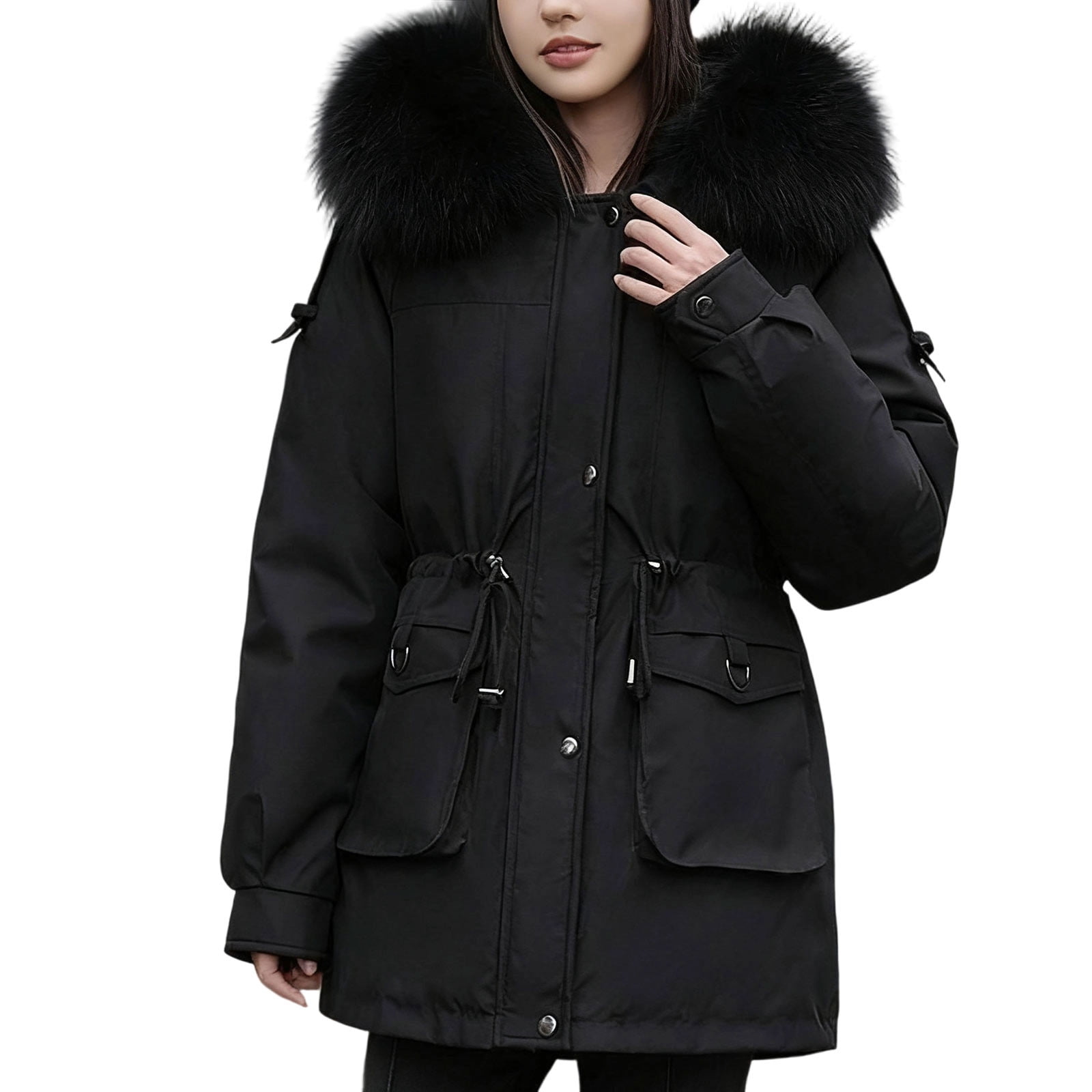 Parka Black Faux Fur Hood Long Sleeve Padded Jacket Savoy Faux Fur 