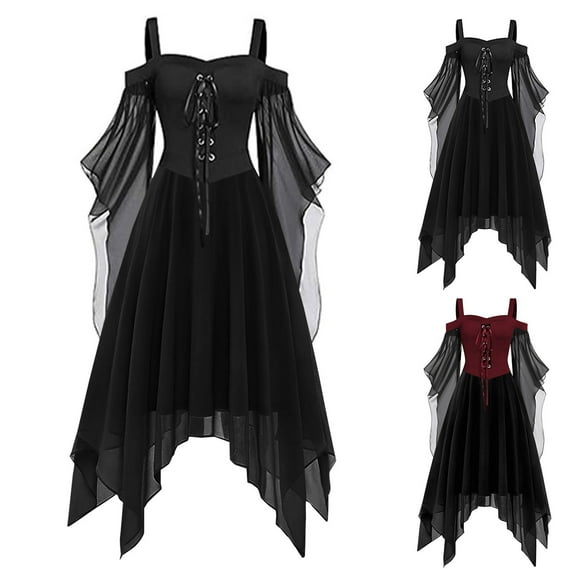 Brnmxoke Womens Renaissance Costume Medieval Dress 2024 Cold Shoulder Lace Up Maxi Dress Vintage Vampire Witch Cosplay Gothic Gown Dress Halloween Costume