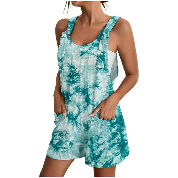 Brnmxoke Womens Rompers Jumpsuits Tie Dye Printed Casual Summer Outfits 2024 Shorts Overalls Jumpers with Pockets Loose Comfy Trendy Clothes Mint Green,S