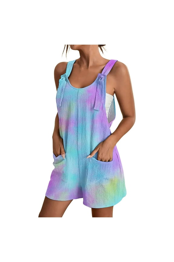 Womens Rompers Jumpsuits Tie Dye Printed Casual Summer Outfits 2024 Shorts Overalls Jumpers with Pockets Loose Comfy Trendy Clothes Blue,M