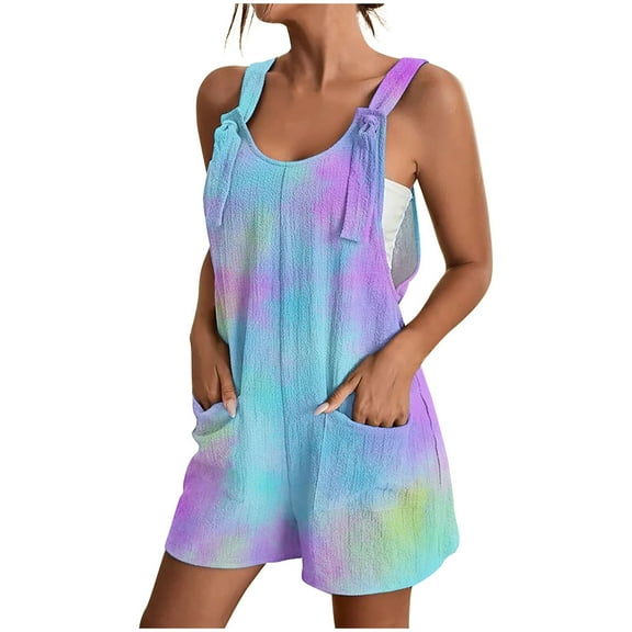 Brnmxoke Womens Rompers Jumpsuits Tie Dye Printed Casual Summer Outfits 2024 Shorts Overalls Jumpers with Pockets Loose Comfy Trendy Clothes Blue,XXL