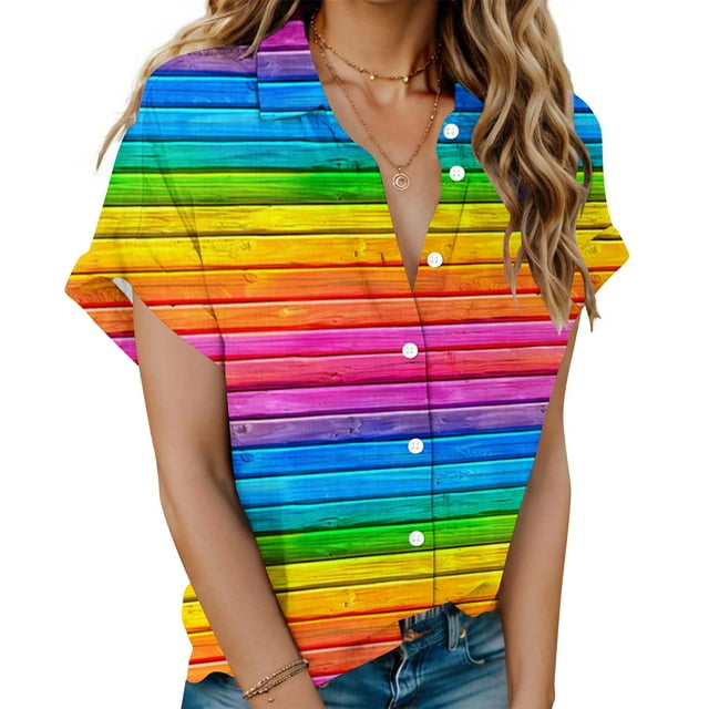 Brnmxoke Womens Short Sleeve Button Down Shirts Loose Fit V Neck Dress ...