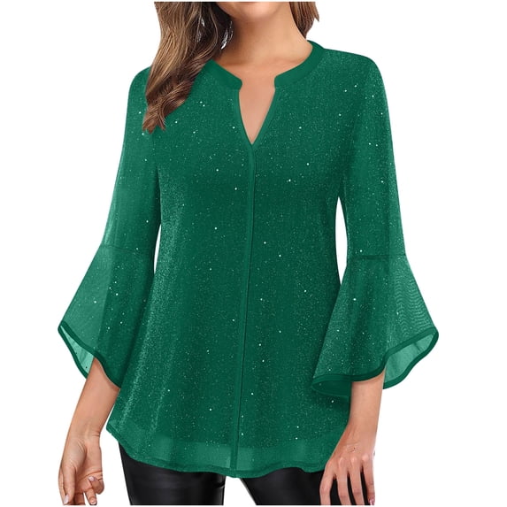 Brnmxoke Womens Sparkly Holiday Dressy Tops 3/4 Sleeve Loose Fit V Neck Shirt Tunic Elegant Flowy Blouses Business Party 2025 Green,XXL
