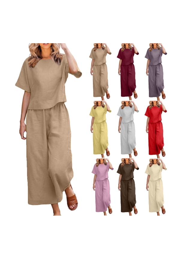 Womens Summer Linen Outfits Solid Color 2 Piece Linen Sets Short Sleeve Round Neck Basic Top Wide Leg Pants Matching Lounge Sets Tracksuit Coffee,XXL
