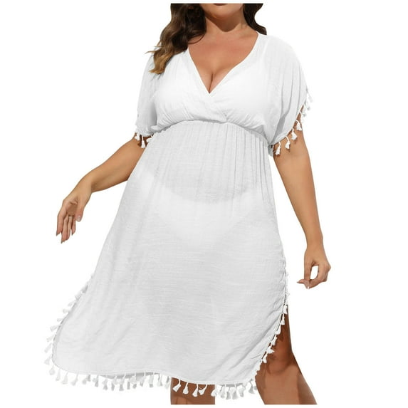 Brnmxoke Womens Swimsuit Coverups Plus Size Solid V Neck Bikini Swimwear Bathing Suit Flowy Tassel Beach Cover Up Dress Swimsuits Beachwear